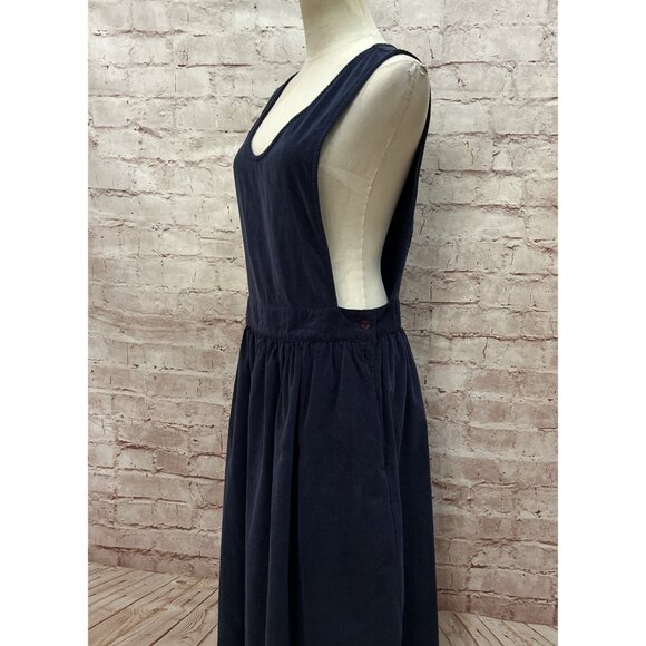 Eddie Bauer VTG Dark Blue Corduroy Jumper Pinafore Dress L Side Button Pockets - Picture 1 of 5